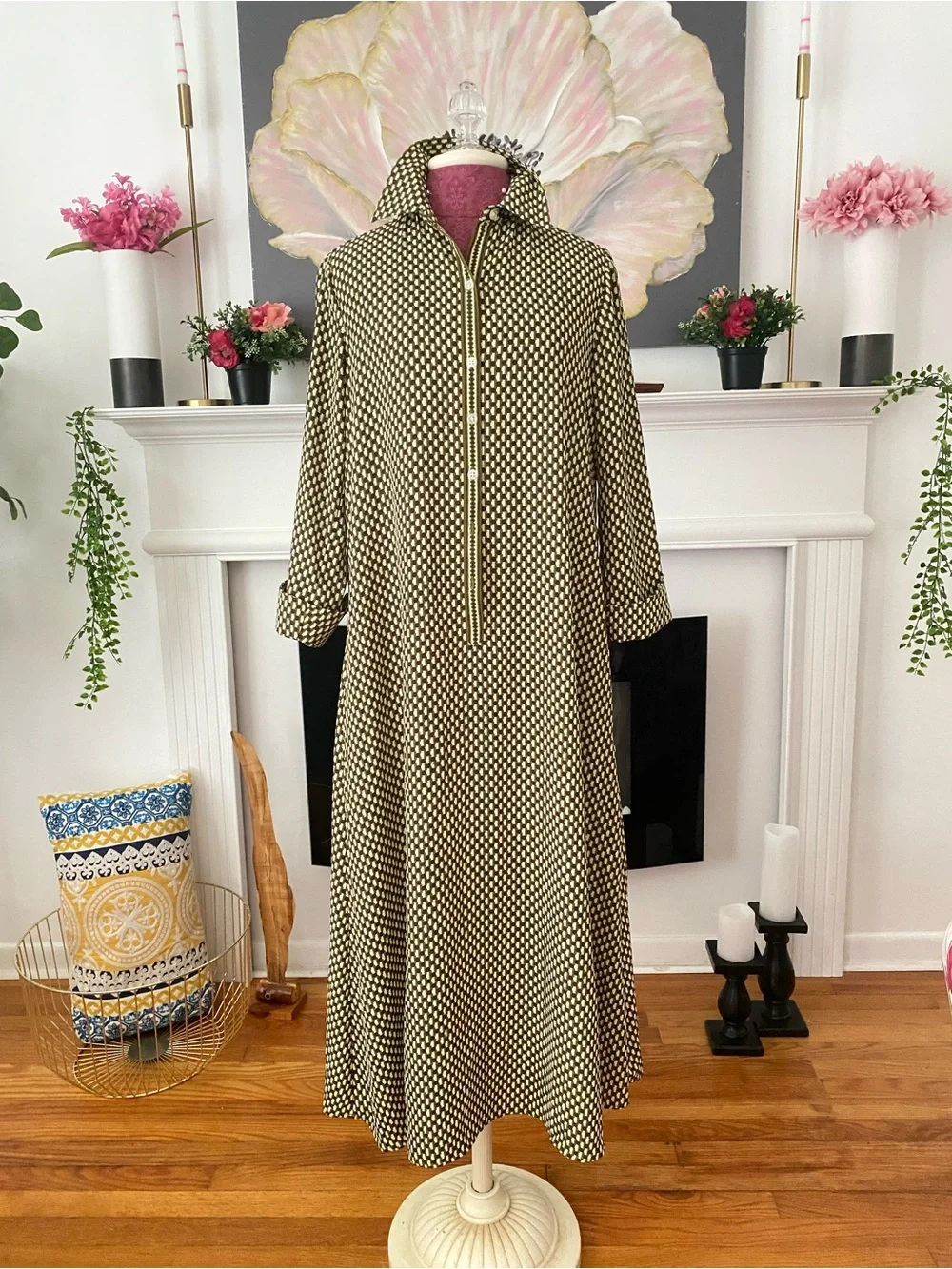 Green and Cream Geometric 3/4 Sleeve Maxi Dress